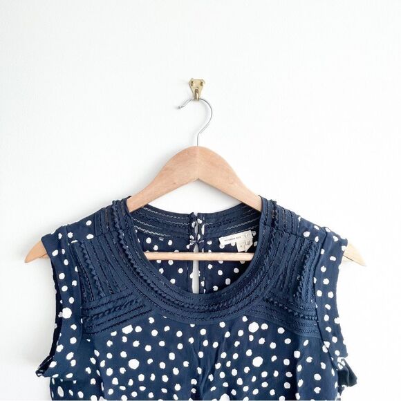 ANTHROPOLOGIE Meadow Rue Sanna Blouse Top Navy Blue White Dot Crochet Lace Trim - Picture 7 of 11